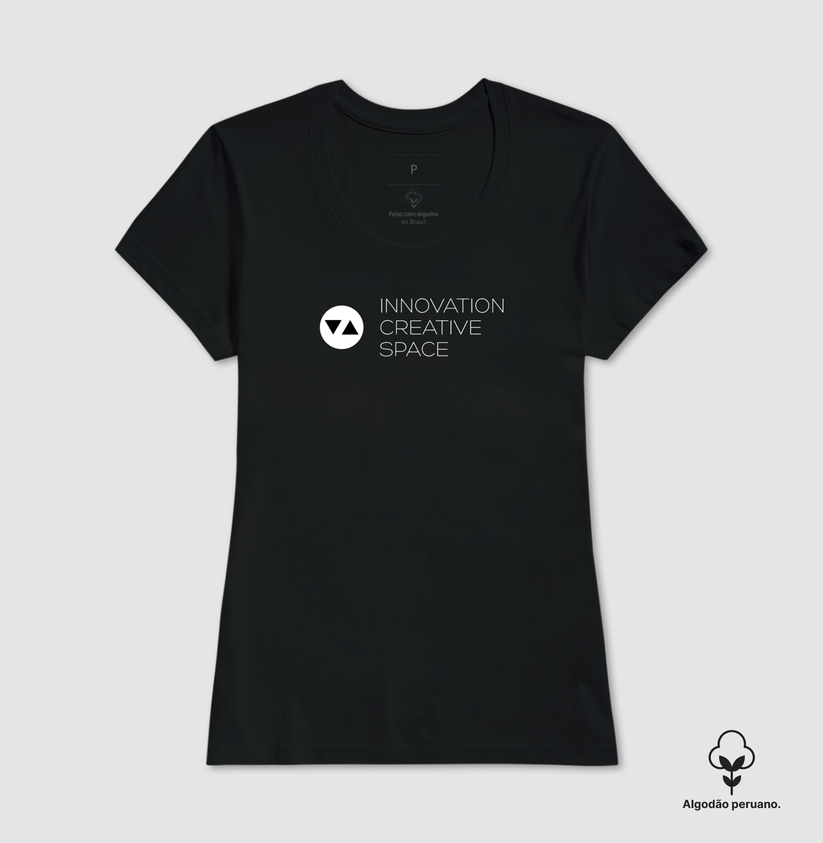 Camiseta Feminina Innovation Algodão Peruano Linha Singular Logo Branco e Preto Frente - ICSart Store: Criada para artistas